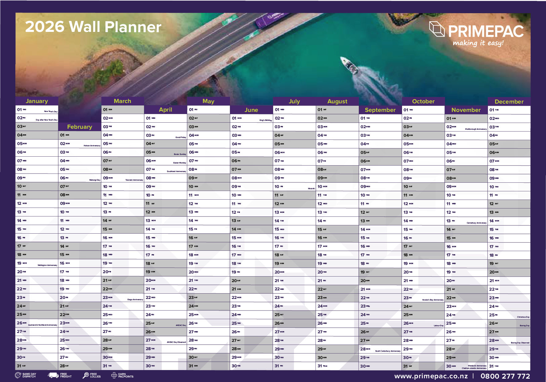 Primepac Wall Planner 2026 - Back Primepac Wall Planner 2026 - Back