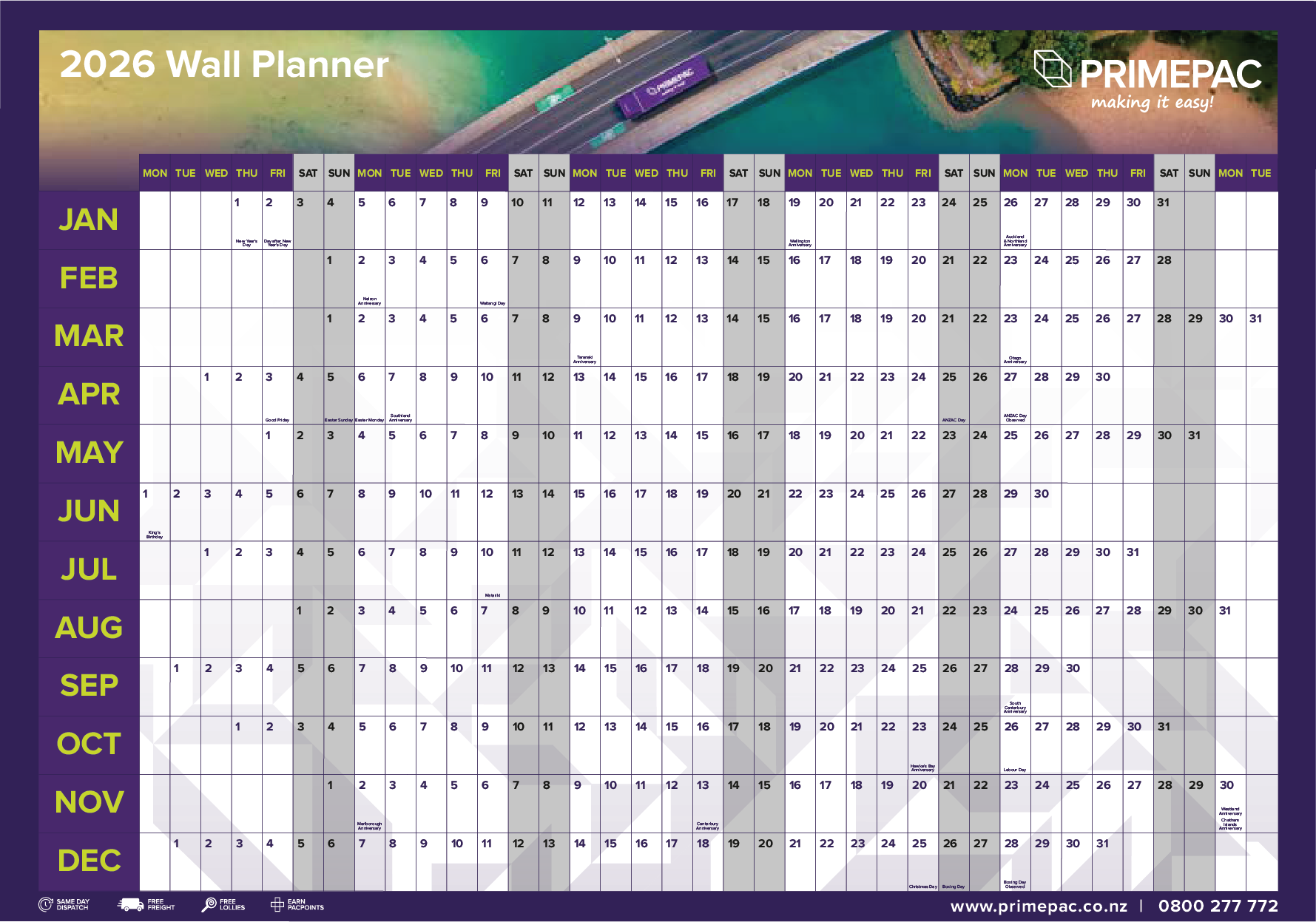 Primepac Wall Planner 2026 - Front Primepac Wall Planner 2026 - Front